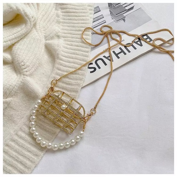 Rhinestone and pearl Metal cage airpod case micro mini purse - Picture 1 of 13